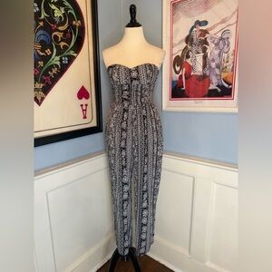 Strapless Black and White Geometric Print Wide Leg Jumpsuit Sz M